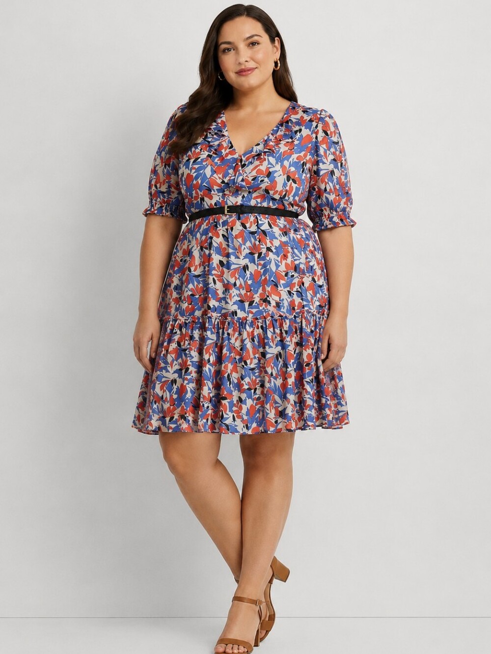 Lauren Ralph Lauren Crinkled Georgette Dress Sz 14 Floral Multicolored Midi Lgth